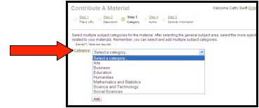 Screenshot of MERLOT "contribute a material" page with arrow indicating the select a category option