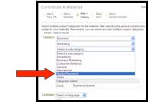 Screenshot of MERLOT "contribute a material" page with arrow indicating the select another sub-category option