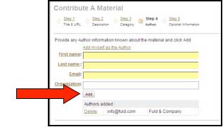 Screenshot of MERLOT "Contribute a Material" page with arrow indicating "add" button to add information about an author