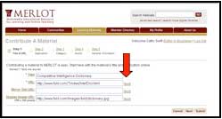Screenshot of MERLOT "contribute a Material" page with arrow pointing to the "test" button