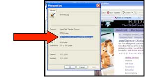 Screenshot of sample webpage with arrow indicating where the user can copy the image location in the "properties" dialogue box