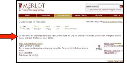 Screenshot of MERLOT "contribute a Material" webpage with arrow indicating text that warns if a site has been previously submitted to MERLOT