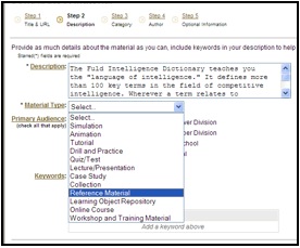 screenshot MERLOT "Contribute a Material" webpage showing that a user must select a Material Type before submission. In this case reference material is selected